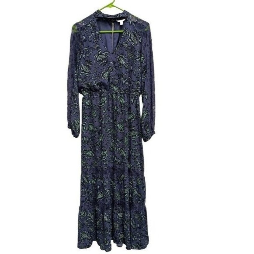 Belle Sky BOHO‎ Fairy Maxi Dress Womens Medium Blue Floral Tiered Long Sleeve